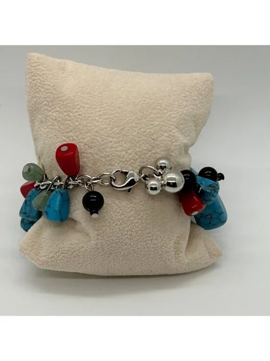Disney Mickey Mouse Sterling Silver Tone Turquoise Coral & Black Stones Charm Br - Picture 6 of 10